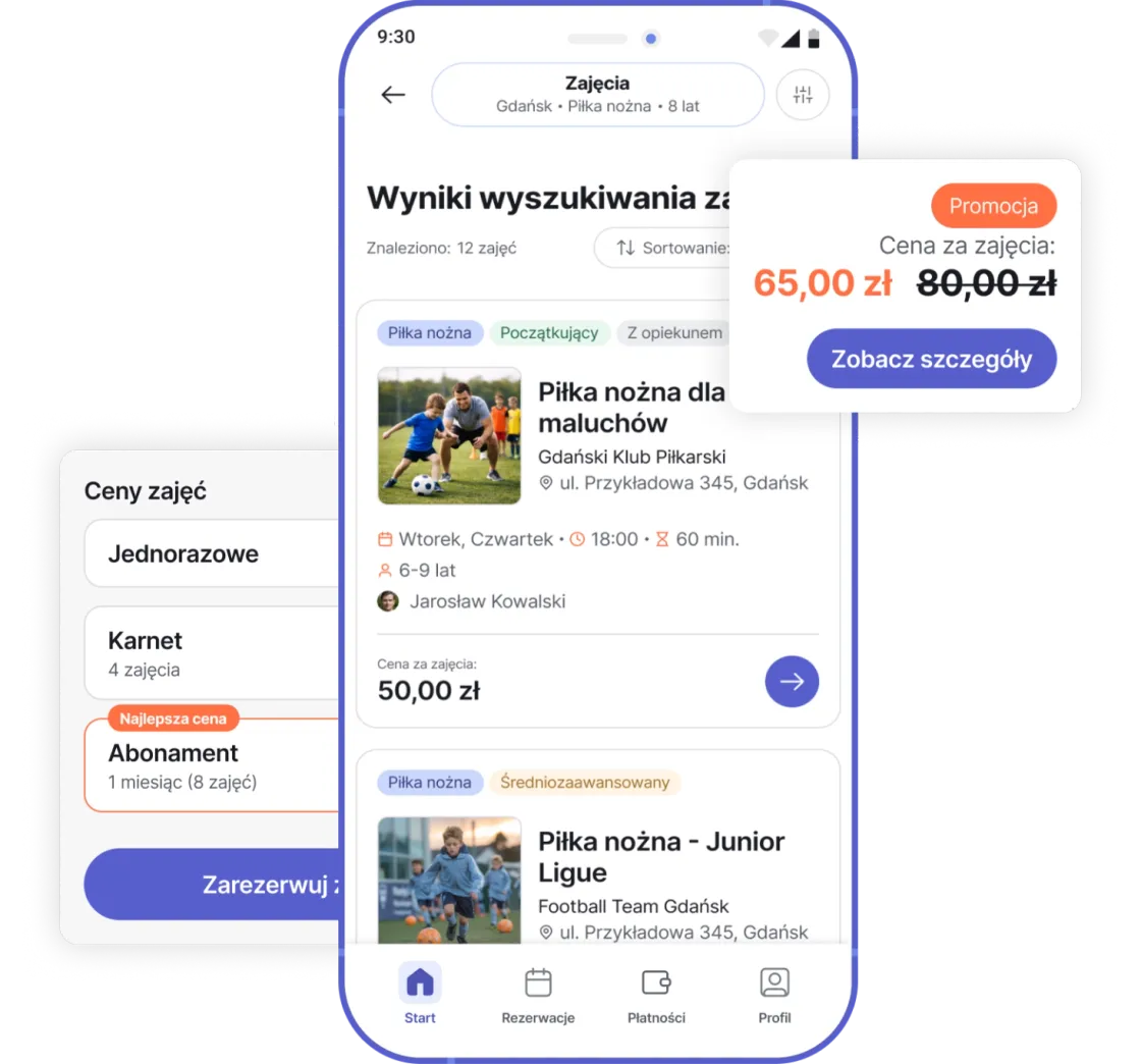 Wyszukiwarka zajęć i karta zajęć z ceną w aplikacji Playki