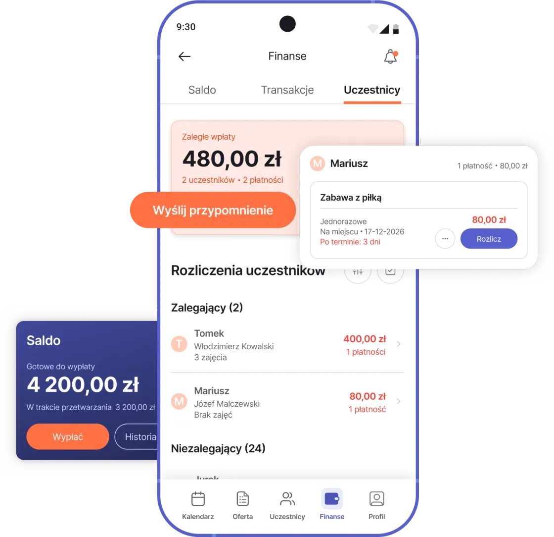 Saldo, rozliczenia uczestników i wypłaty online Stripe w aplikacji Playki