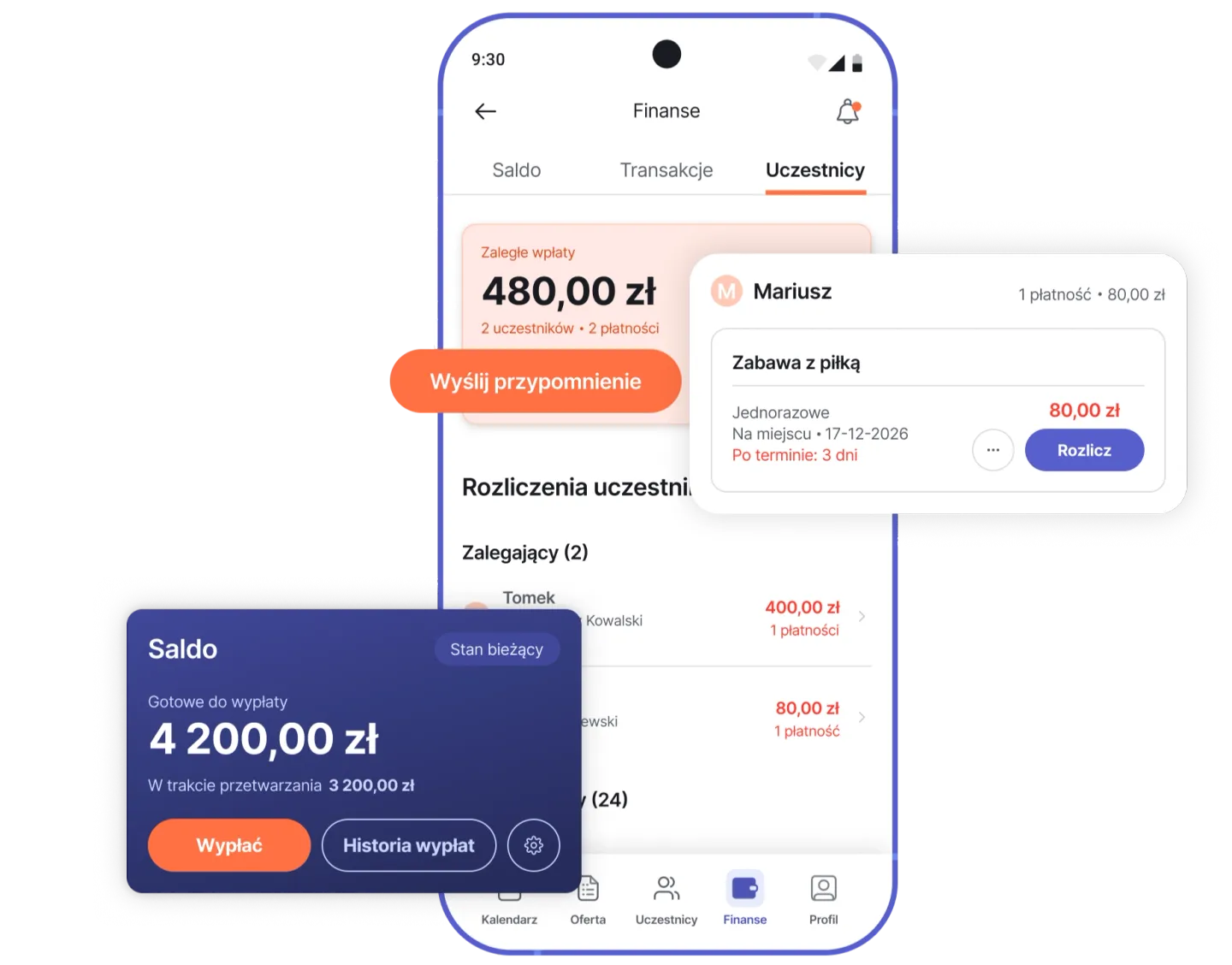 Saldo, rozliczenia uczestników i wypłaty online Stripe w aplikacji Playki