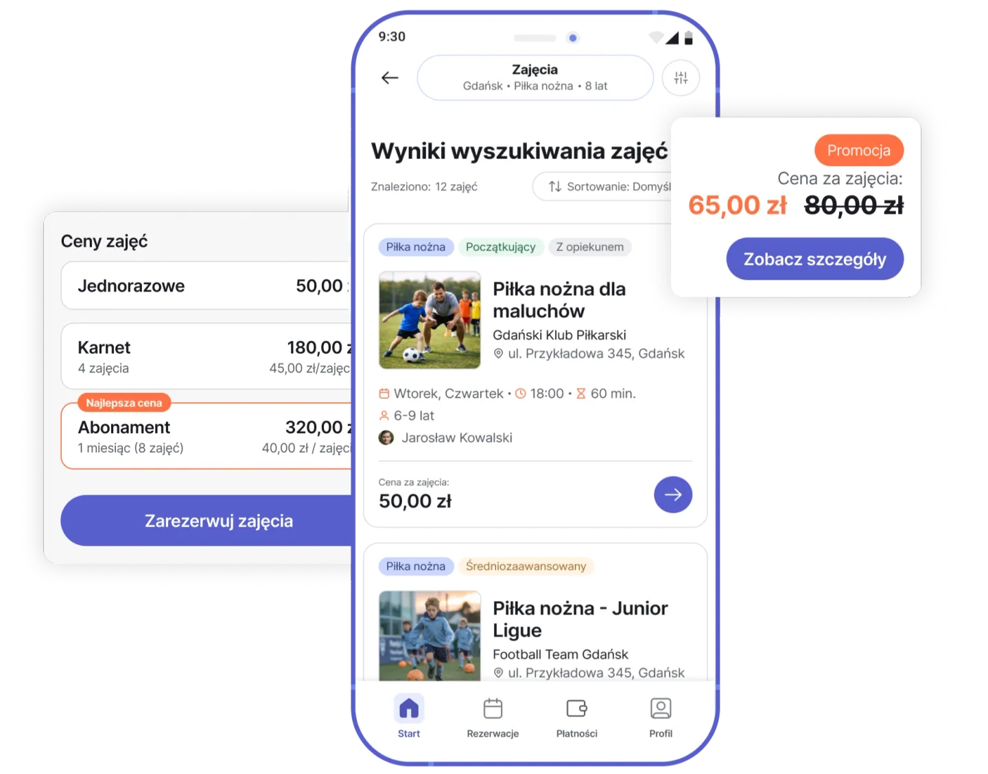 Wyszukiwarka zajęć i karta zajęć z ceną w aplikacji Playki